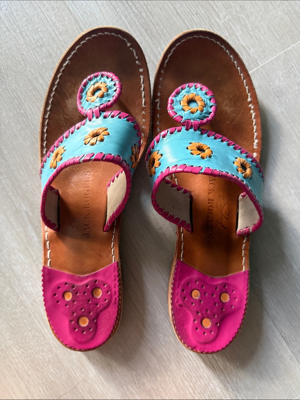 Jack Rogers  Pink & Turquoise Leather Slide Sandals 9.5